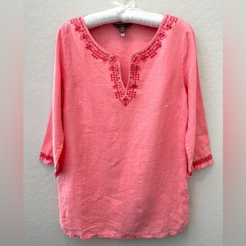 TOMMY BAHAMA | Two Palms Embroidered Diamond Coral Pink Linen Tunic Top | Small